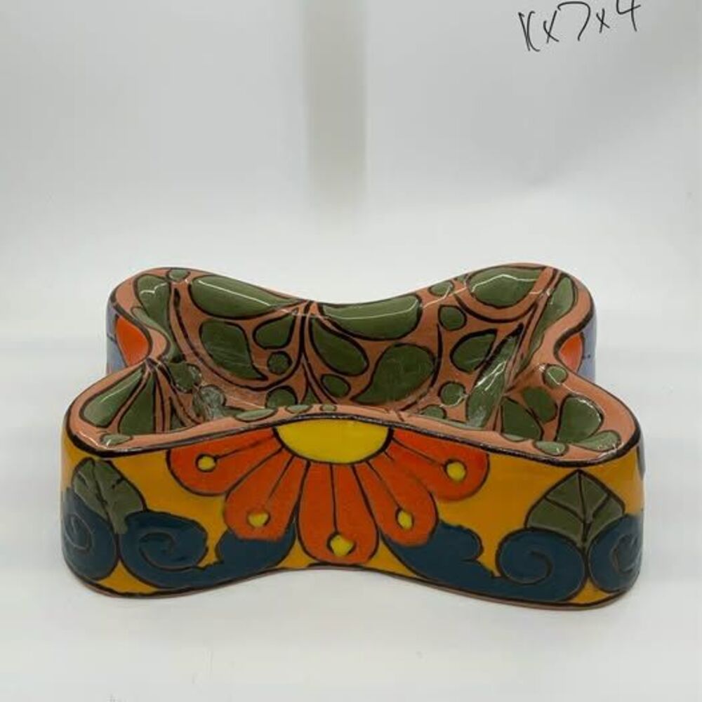 Talavera Dog Bowl: Medium Bone Shape, Hand Painted Ceramic